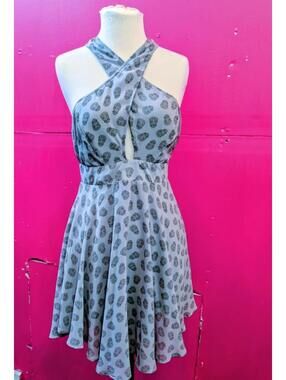 Gray Chiffon Skull Print Open Back Halter Dress S